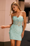 Sparkly Sage Floral Corset Tight Short Homecoming Dress with Beading