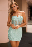 Sparkly Sage Floral Corset Tight Short Homecoming Dress with Beading