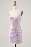 Sparkly Lilac Floral Tight Corset Short Homecoming Dress with Sequins
