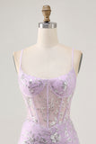 Sparkly Lilac Floral Tight Corset Short Homecoming Dress with Sequins