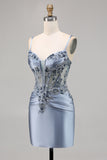 Grey Blue Corset Satin Tight Short Homecoming Dress with Appliques