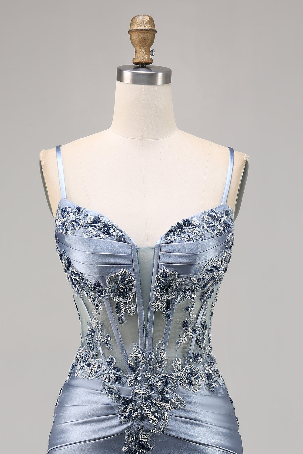 Grey Blue Corset Satin Tight Short Homecoming Dress with Appliques