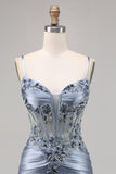 Grey Blue Corset Satin Tight Short Homecoming Dress with Appliques