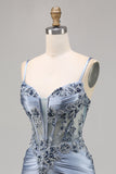 Grey Blue Corset Satin Tight Short Homecoming Dress with Appliques