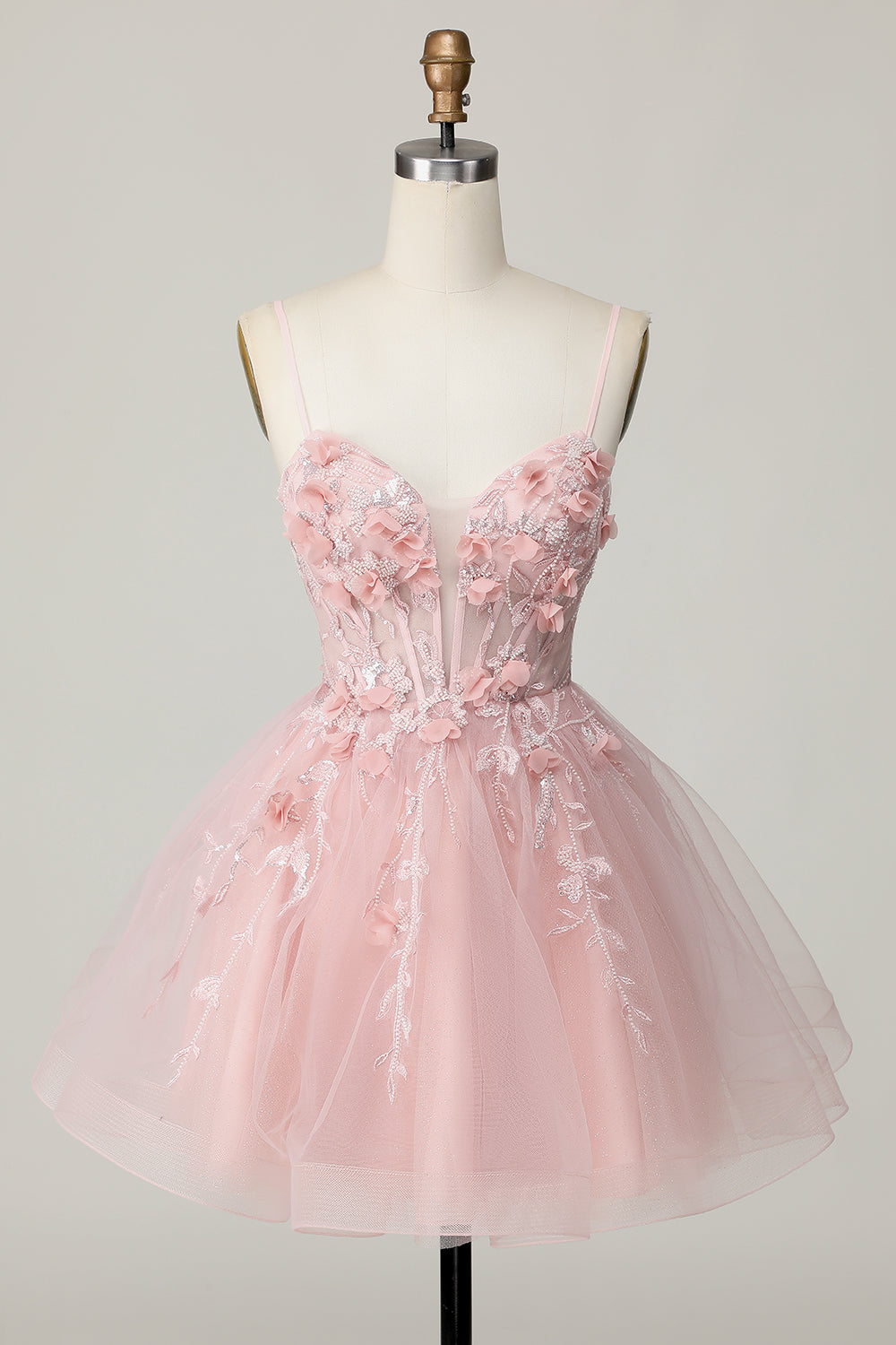 Pink Corset Spaghetti Straps A Line Floral Short Homecoming Dress