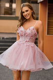 Pink  Floral Spaghetti Straps Corset A Line Short Homecoming Dress