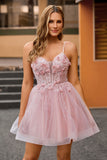 Pink  Floral Spaghetti Straps Corset A Line Short Homecoming Dress