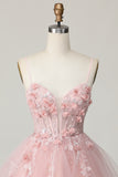 Pink Corset Spaghetti Straps A Line Floral Short Homecoming Dress