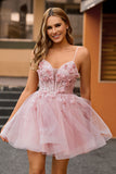 Pink  Floral Spaghetti Straps Corset A Line Short Homecoming Dress