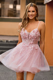 Pink  Floral Spaghetti Straps Corset A Line Short Homecoming Dress