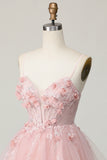 Pink Corset Spaghetti Straps A Line Floral Short Homecoming Dress