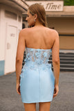 Sky Blue Corset Floral Tight Short Satin Homecoming Dress