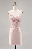 Pink Corset Floral Satin Short Tight Homecoming Dress