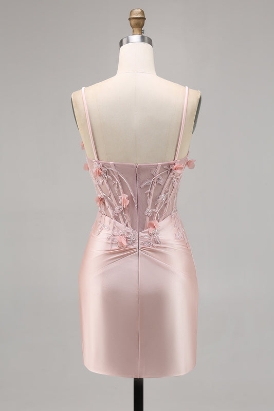 Pink Corset Satin Floral Short Tight Homecoming Dress