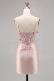Pink Corset Floral Satin Short Tight Homecoming Dress