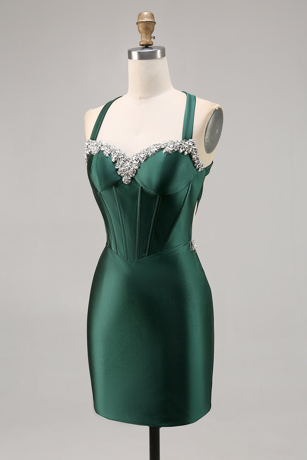 Sparkly Dark Green Corset Satin Short Tight Homecoming Dress with Beading