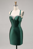 Sparkly Dark Green Corset Satin Short Tight Homecoming Dress with Beading