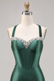 Sparkly Dark Green Corset Satin Short Tight Homecoming Dress with Beading