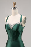 Sparkly Dark Green Corset Satin Short Tight Homecoming Dress with Beading