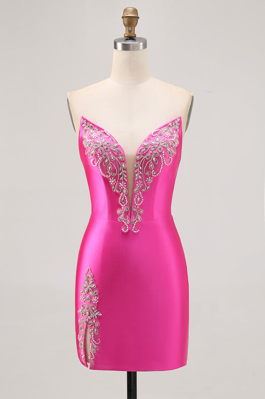 Sparkly Fuchsia Satin Tight Strapless Short Homecoming Dress with Rhinestones