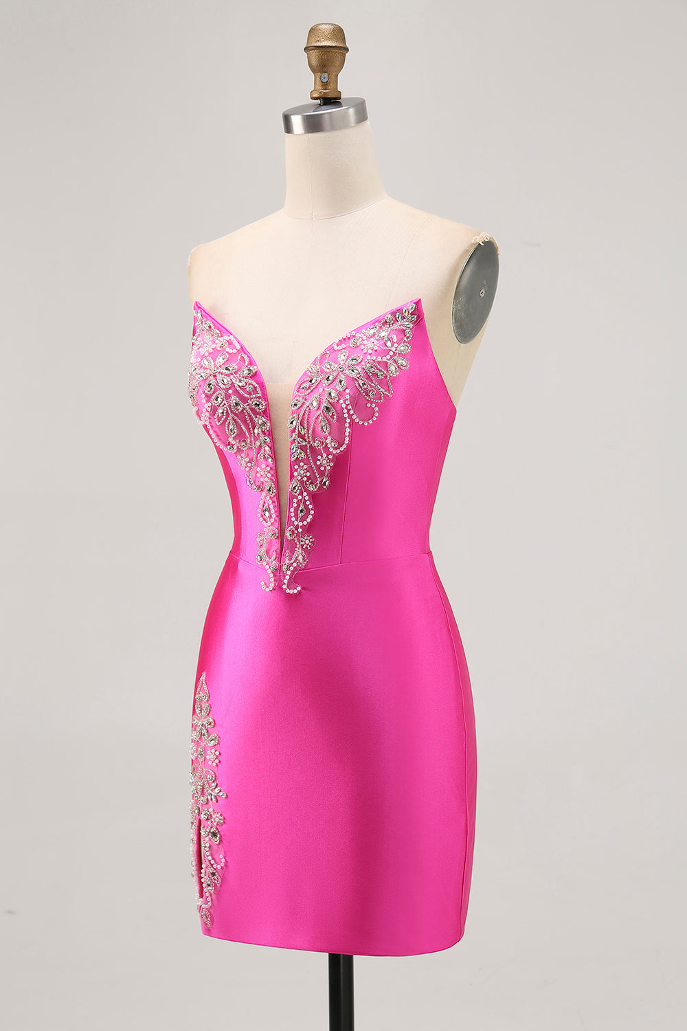 Sparkly Fuchsia Satin Tight Strapless Short Homecoming Dress with Rhinestones