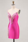 Sparkly Fuchsia Satin Tight Strapless Short Homecoming Dress with Rhinestones