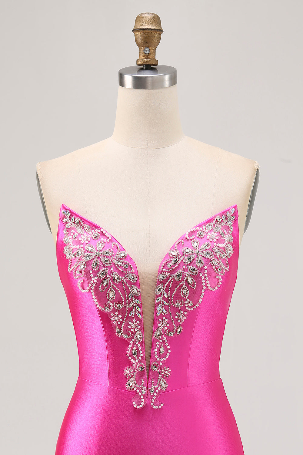 Sparkly Fuchsia Satin Tight Strapless Short Homecoming Dress with Rhinestones