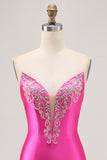 Sparkly Fuchsia Satin Tight Strapless Short Homecoming Dress with Rhinestones