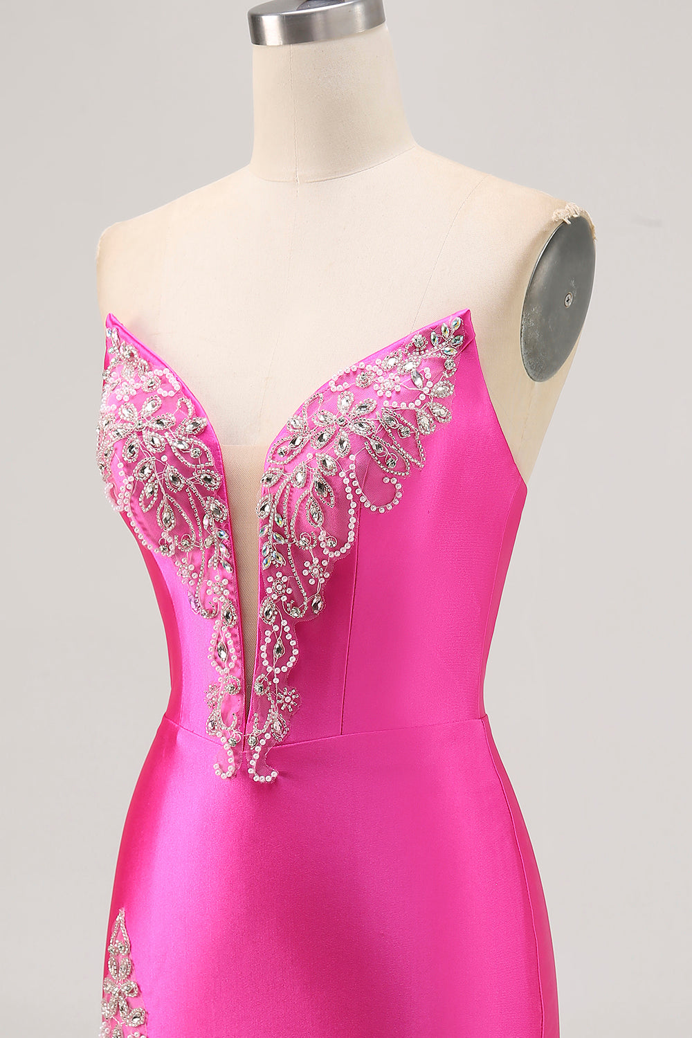 Sparkly Fuchsia Satin Tight Strapless Short Homecoming Dress with Rhinestones