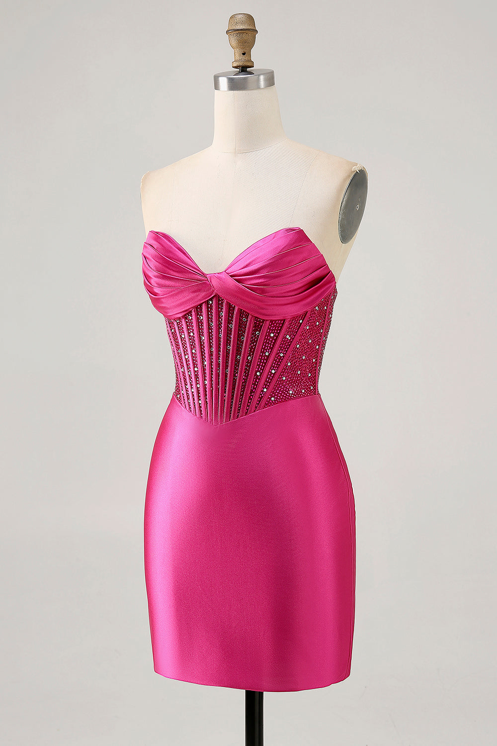 Sparkly Fuchsia Tight Corset Strapless Short Satin Homecoming Dress