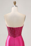 Sparkly Fuchsia Tight Corset Strapless Short Satin Homecoming Dress