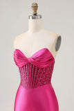 Sparkly Fuchsia Tight Corset Strapless Short Satin Homecoming Dress