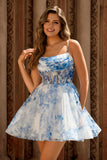 White and Blue Corset Floral Ruched Short Homecoming Dress