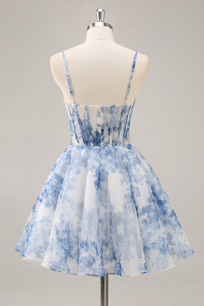 Zapakasa Women White and Blue Corset Floral Short Homecoming Dress