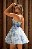 White and Blue Corset Floral Ruched Short Homecoming Dress