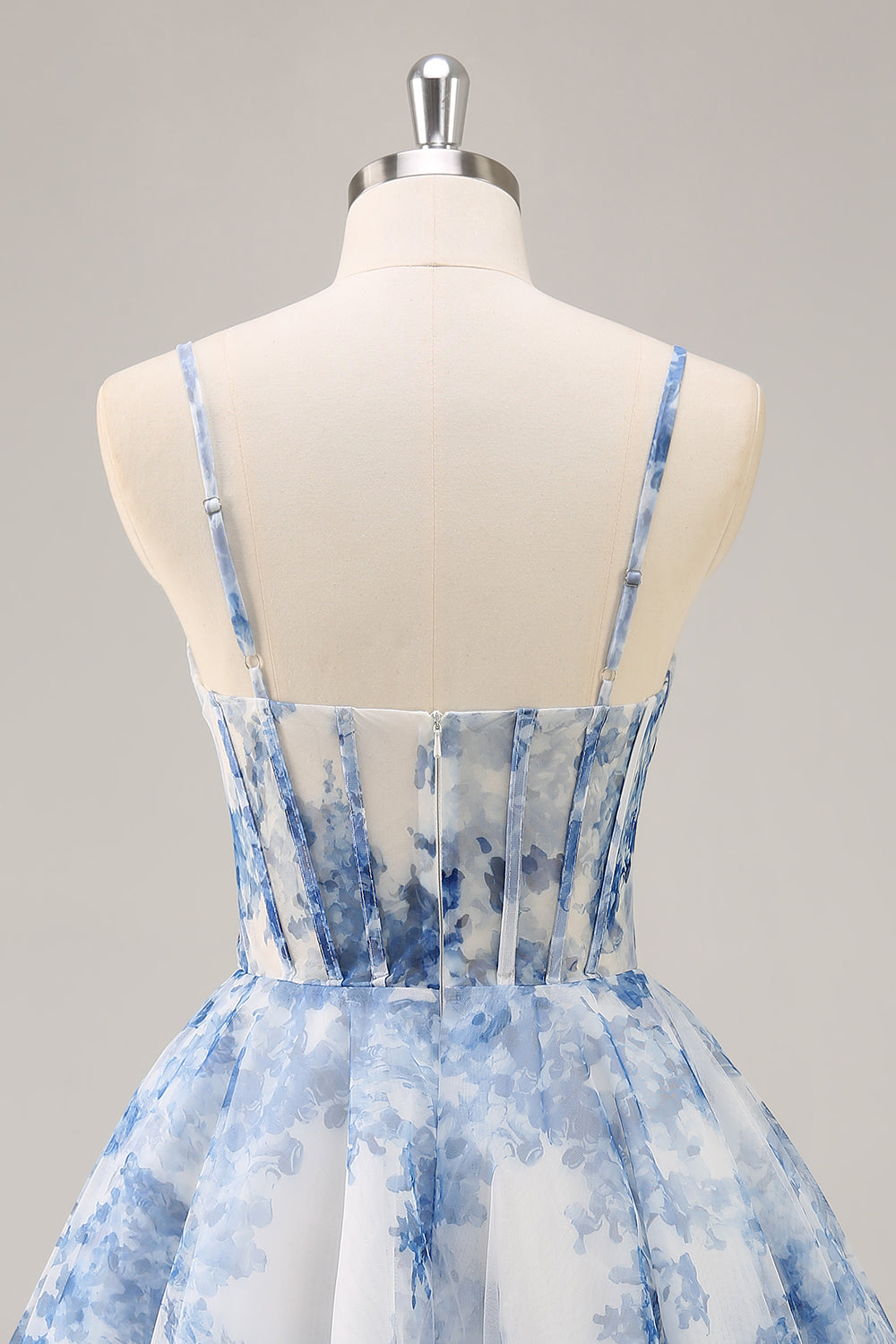 White and Blue Corset Floral Ruched Short Homecoming Dress