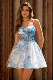 White and Blue Corset Floral A Line Short Homecoming Dress