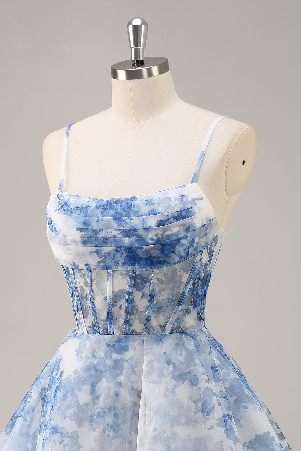 White and Blue Corset Floral Ruched Short Homecoming Dress