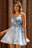 White and Blue Corset Floral A Line Short Homecoming Dress