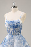 White and Blue Corset Floral Ruched Short Homecoming Dress
