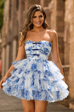 White and Blue Floral Ruffled Sweetheart Short Homecoming Dress with Bows