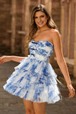 White and Blue Floral Sweetheart Short Homecoming Dress with Ruffles