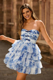 White and Blue Floral Sweetheart Short Homecoming Dress with Ruffles