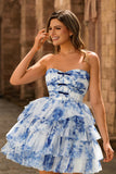 White and Blue Floral Sweetheart Short Homecoming Dress with Ruffles