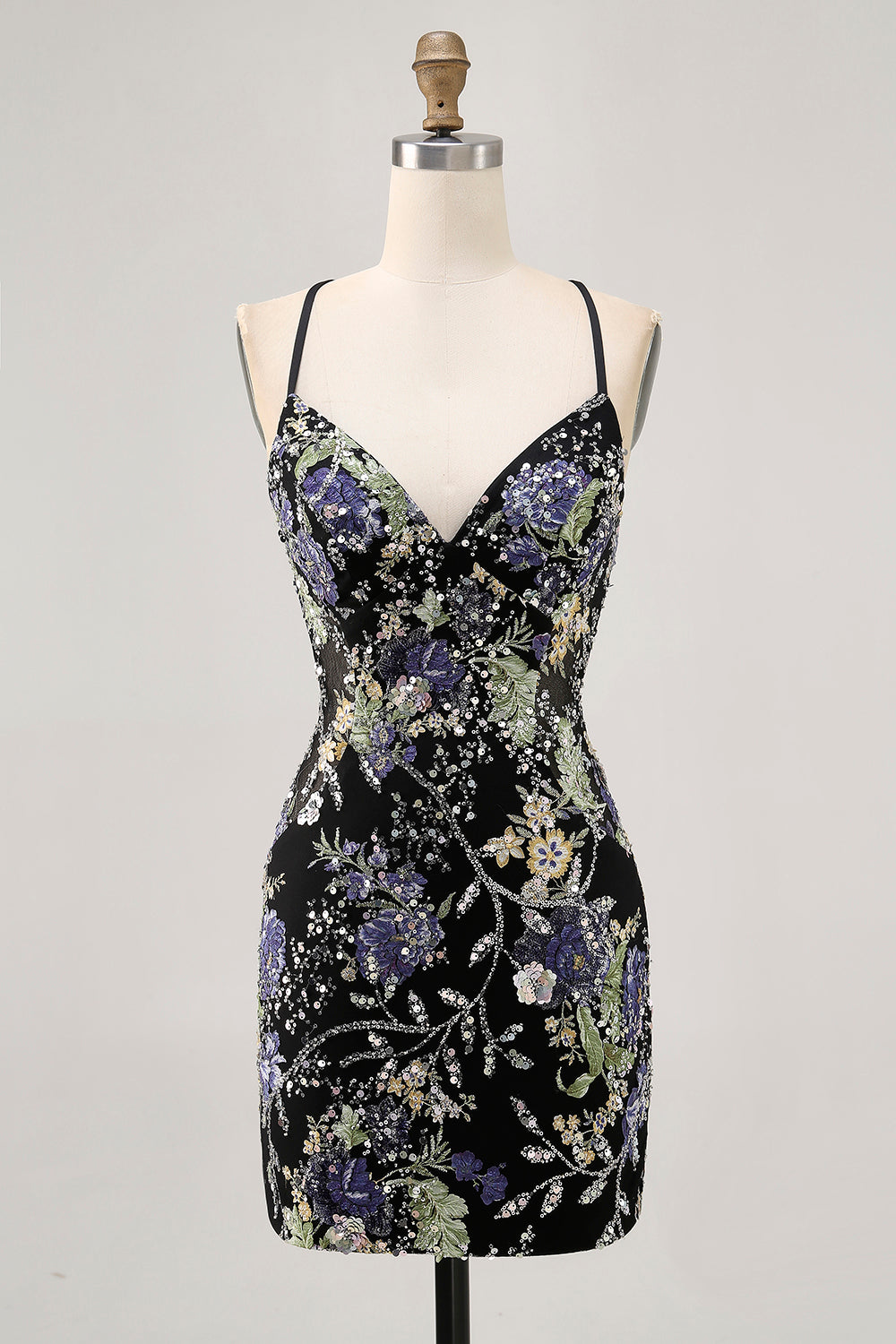 Sparkly Black Beaded Floral Short Tight Homecoming Dress with Sequins