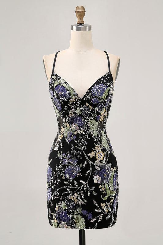 Sparkly Black Beaded Floral Short Tight Homecoming Dress with Sequins