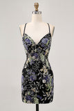 Sparkly Black Beaded Floral Short Tight Homecoming Dress with Sequins