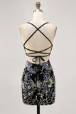Sparkly Black Beaded Floral Short Tight Homecoming Dress with Sequins