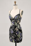 Sparkly Black Beaded Floral Short Tight Homecoming Dress with Sequins