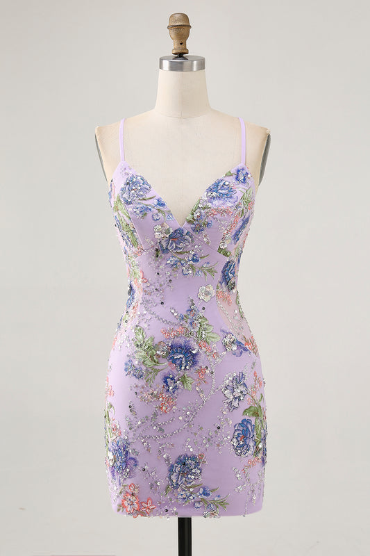 Sparkly Lilac Tight Beaded Floral Short Homecoming Dress with Sequins